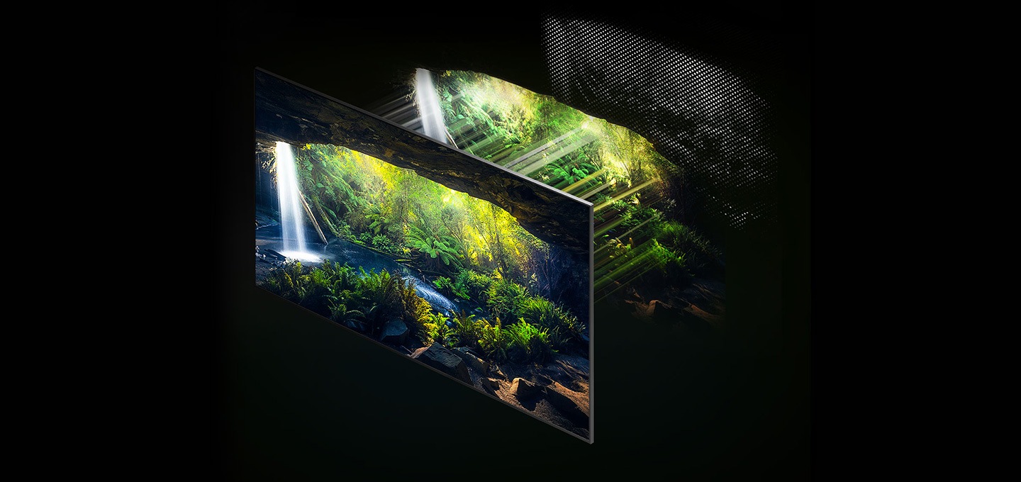 QNB800 TV 45도 모습이 보이고 화면속에는 초록색 숲 속 모습이 보입니다. TV 뒷편으로 빛반사가 된 모습을 보여주고 제일 뒷 모습으로는 화면 비트 모습을 그래픽화하여 보여줍니다.