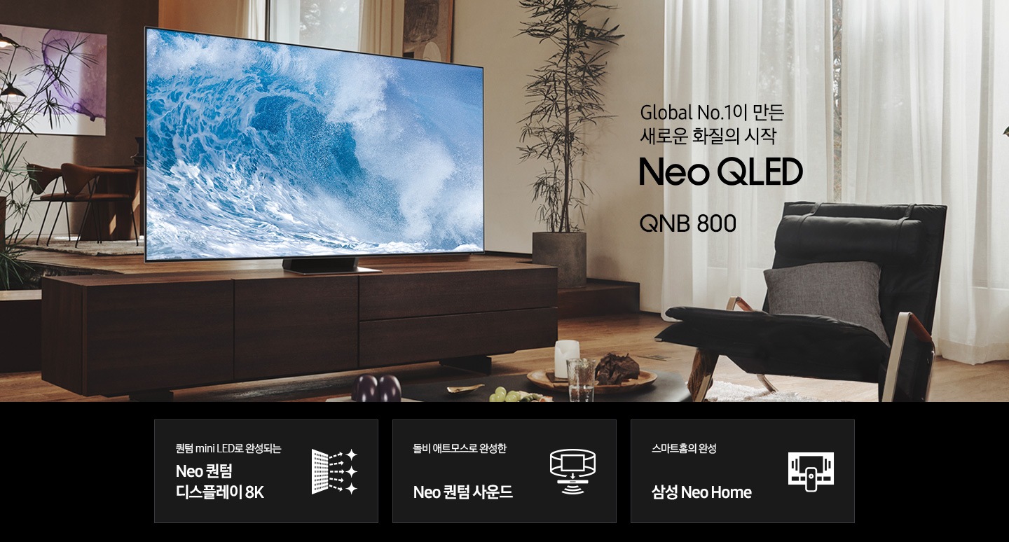거실 서랍장 위에 TV 가 놓여있습니다. TV 화면에는 푸른색 파도 화면이 보입니다. Global No.1이 만든 새로운 화질의 시작 QNB800 KV 입니다. 하단 3 POD 에는 퀀텀 mini LED로 완성되는 Neo 퀀텀 디스플레이 8K 문구와 반짝이는 디스플레이 아이콘, 돌비 애트모스로 완성한 Neo 퀀텀 사운드 문구와 TV 아이콘에서 사운드 음파를 표현한 아이콘, 스마트홈의 완성 삼성 Neo Home 문구와 TV와 리모컨, TV 속 컨텐츠들을 표현한 아이콘이 있습니다.