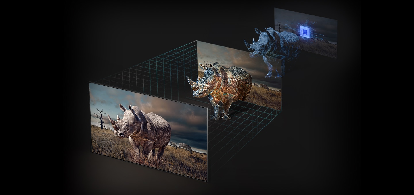 TV의 45도 측면 제품컷이 보이고 화면에는 코뿔소가 합성되어 있습니다. 뒤쪽으로는 3차원의 모형을 보여주는 이미지가 합성되어 있습니다.