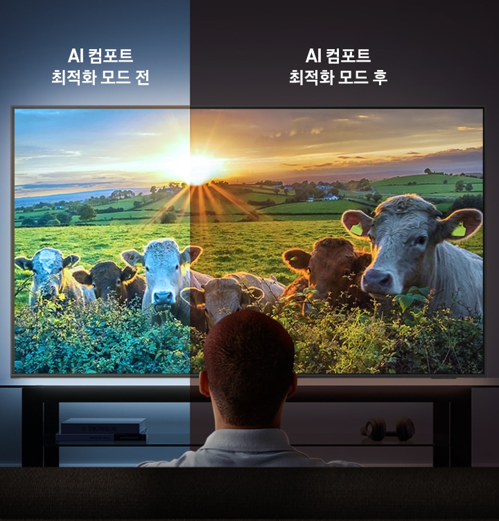 TV 앞쪽으로 남성이 앉아서 TV 를 보고 있습니다. TV 화면을 2분할로 나누어 비교하여 보여주는 이미지입니다. 좌 : AI 컴포트 최적화 모드 전 해가 있는 모습에 맞추어 밝은 이미지가 보여집니다. 우 : AI 컴포트모드 최적화 후 좌측에 비해 조금 어둡고 부드러운 색감의 화면이 보입니다.