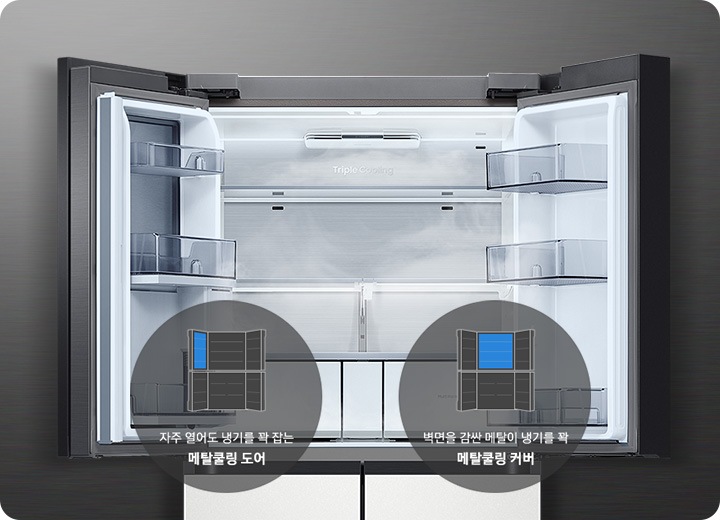 BESPOKE 냉장고 4도어 상칸이 오픈되어 있으며 중앙 좌측에 자주 열어도 냉기를 꽉 잡는 메탈쿨링 도어 문구와 냉장고 도어 오픈컷 일러스트에 우측 상단 도어가 파란색으로 칠해져 있는 이미지가 있고 중앙 우측에는 벽면을 감싼 메탈이 냉기를 꽉 메탈쿨링 커버 문구와 냉장고 도어 오픈컷 일러스트 상칸 커버 부분에 파란색 색칠이 되어있습니다.