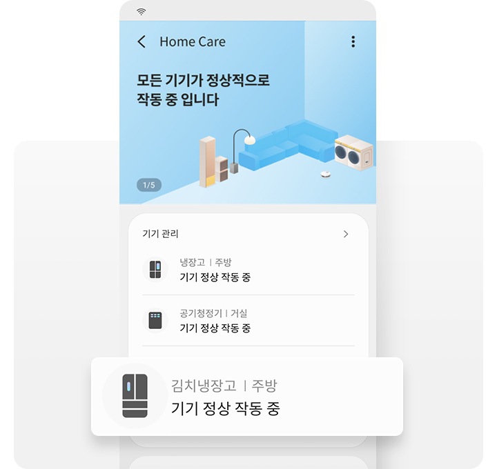 스마트폰의 UI 화면이 있습니다. Home Care 모든 기기가 정상적으로 작동 중입니다. 라는 내용과 함께 연동된 기기의 작동 상태를 표시하고 있으며, 냉장고, 공기청정기 아래로 김치냉장고가 강조되어 보여집니다.