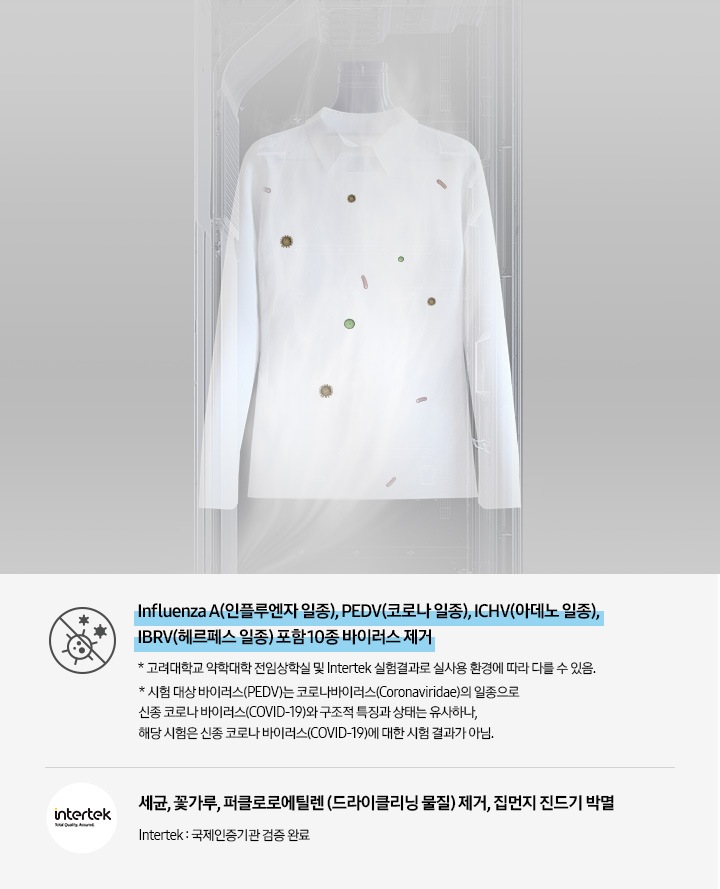 삼성 에어드레서를 옆에서 본 상태로 내부가 투영된 모습입니다. 내부에는 안감케어 옷걸이에 와이셔츠가 한벌 걸려 있으며, 아래에서 분사되는 스팀을 통해 바이러스와 유해세균이 제거되는 모습입니다.