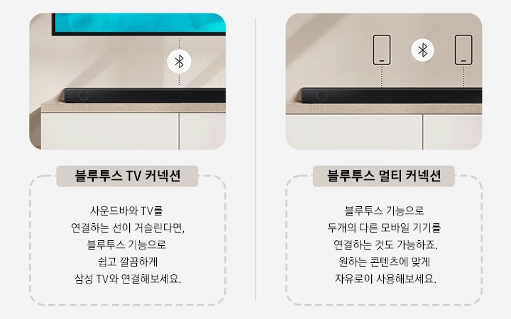 블루투스 TV 커넥션, 블루투스 멀티 커넥션 기능을 2개로 분할해 보여주는 이미지 및 텍스트 입니다.블루투스 TV 커넥션, 블루투스 멀티 커넥션 기능을 2개로 분할해 보여주는 이미지 및 텍스트 입니다. 블루투스 TV 커넥션 사운드바와 TV를 연결하는 선이 거슬린다면, 블루투스 기능으로 쉽고 깔끔하게 삼성 TV와 연결해보세요.  블루투스 멀티 커넥션 블루투스 기능으로 두 개의 다른 모바일 기기를 연결하는 것도 가능하죠. 원하는 콘텐츠에 맞게 자유로이 사용해보세요. 문구가 있습니다.