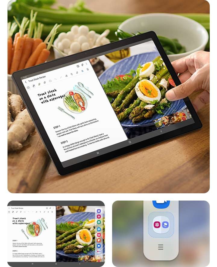 왼쪽에는 다양한 요리 재료와 함께 갤럭시 탭 A8의 멀티 태스킹을 이용하고 있는 장면이 있습니다. 오른쪽 상단에는 멀티태스킹 화면 우측에 엣지 패널이 열려있고 오른쪽 하단은 엣지 패널 내에 한 번에 앱을 열 수 있는 단축 버튼이 있습니다.