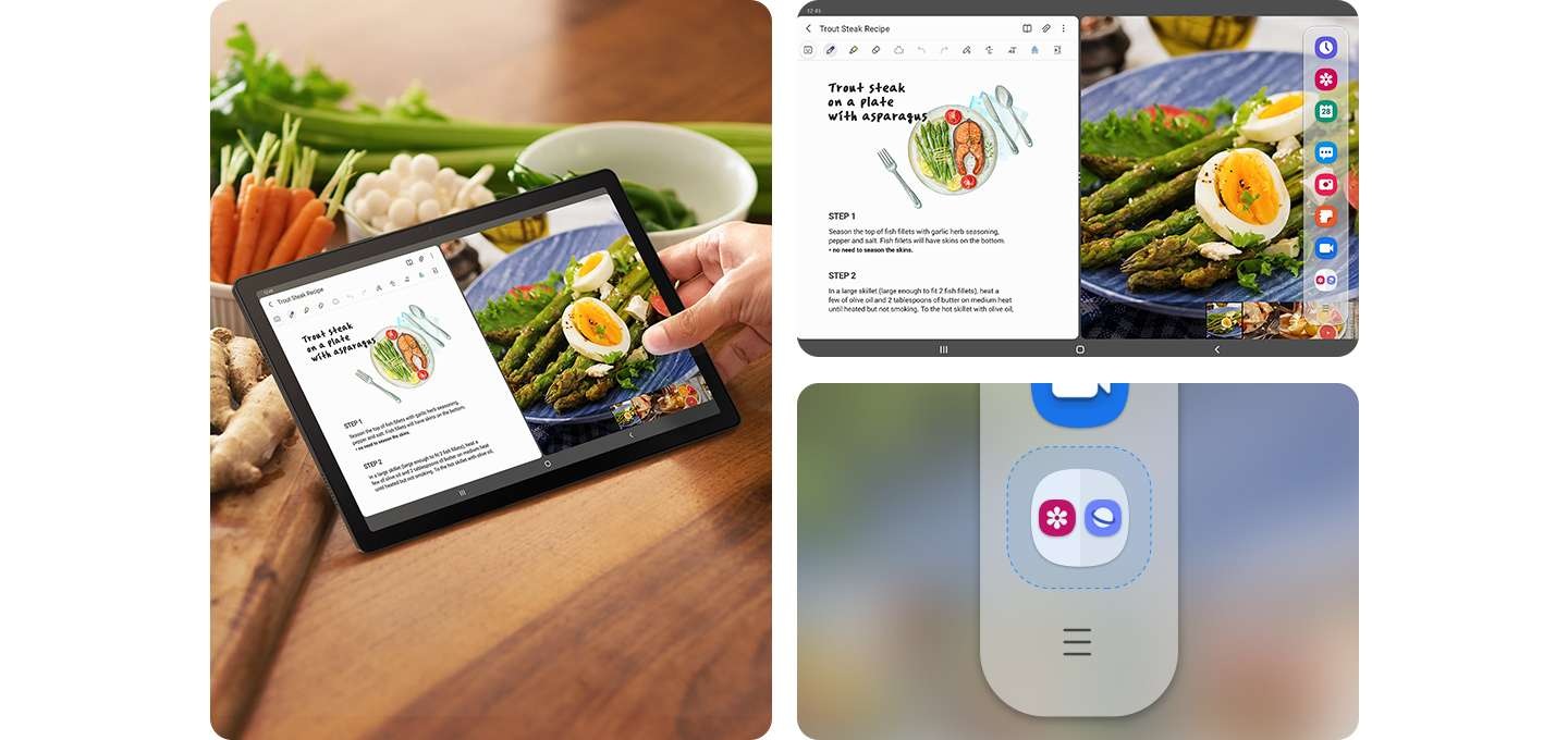 왼쪽에는 다양한 요리 재료와 함께 갤럭시 탭 A8의 멀티 태스킹을 이용하고 있는 장면이 있습니다. 오른쪽 상단에는 멀티태스킹 화면 우측에 엣지 패널이 열려있고 오른쪽 하단은 엣지 패널 내에 한 번에 앱을 열 수 있는 단축 버튼이 있습니다.