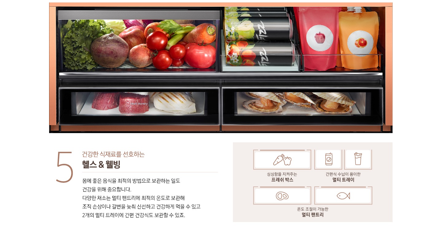헬스 & 웰빙 비스포크 수납존이 설명되어있습니다. 야채와 과일, 주류와 간편식, 육류와 해산물이 수납된 멀티 팬트리 내상컷과 싱싱함을 지켜주는 프레쉬 박스에 수납된 당근과 파프리카 아이콘, 간편식 수납이 용이한 멀티 트레이에 수납된 음료와 간편식 아이콘, 온도 조절이 가능한 멀티 팬트리에 수납된 육류와 생선 아이콘이 있습니다. 왼쪽에는 '5 건강한 식재료를 선호하는 헬스 & 웰빙. 몸에 좋은 음식을 최적의 방법으로 보관하는 일도 건강을 위해 중요합니다. 다양한 채소는 멀티 팬트리에 최적의 온도로 보관해 조직 손상이나 갈변을 늦춰 신선하고 건강하게 먹을 수 있고 2개의 멀티 트레이에 간편 건강식도 보관할 수 있죠.' 문구가 있습니다.