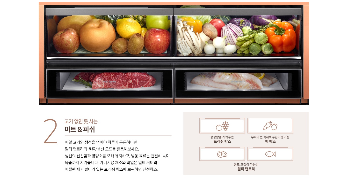 미트 & 피쉬 비스포크 수납존이 설명되어있습니다. 과일과 야채, 육류와 생선이 수납된 멀티 팬트리 내상컷과 싱싱함을 지켜주는 프레쉬 박스에 수납된 사과와 포도 아이콘, 부피가 큰 식재료 수납이 용이한 빅 박스 안에 수납된 당근과 파프리카 아이콘, 온도 조절이 가능한 멀티 팬트리 안에 수납된 생선과 고기 아이콘이 있습니다. 아이콘 왼쪽에는 '2 고기 없인 못 사는 미트 & 피쉬. 매일 고기와 생선을 먹어야 하루가 든든하다면 멀티 팬트리의 육류/생선 모드를 활용해보세요. 생선의 신선함과 영양소를 오래 유지하고, 냉동 육류는 천천히 녹여 육즙까지 지켜줍니다. 가니시용 채소와 과일은 밀폐 커버와 에틸렌 제거 필터가 있는 프레쉬 박스에 보관하면 신선하죠.' 문구가 있습니다.