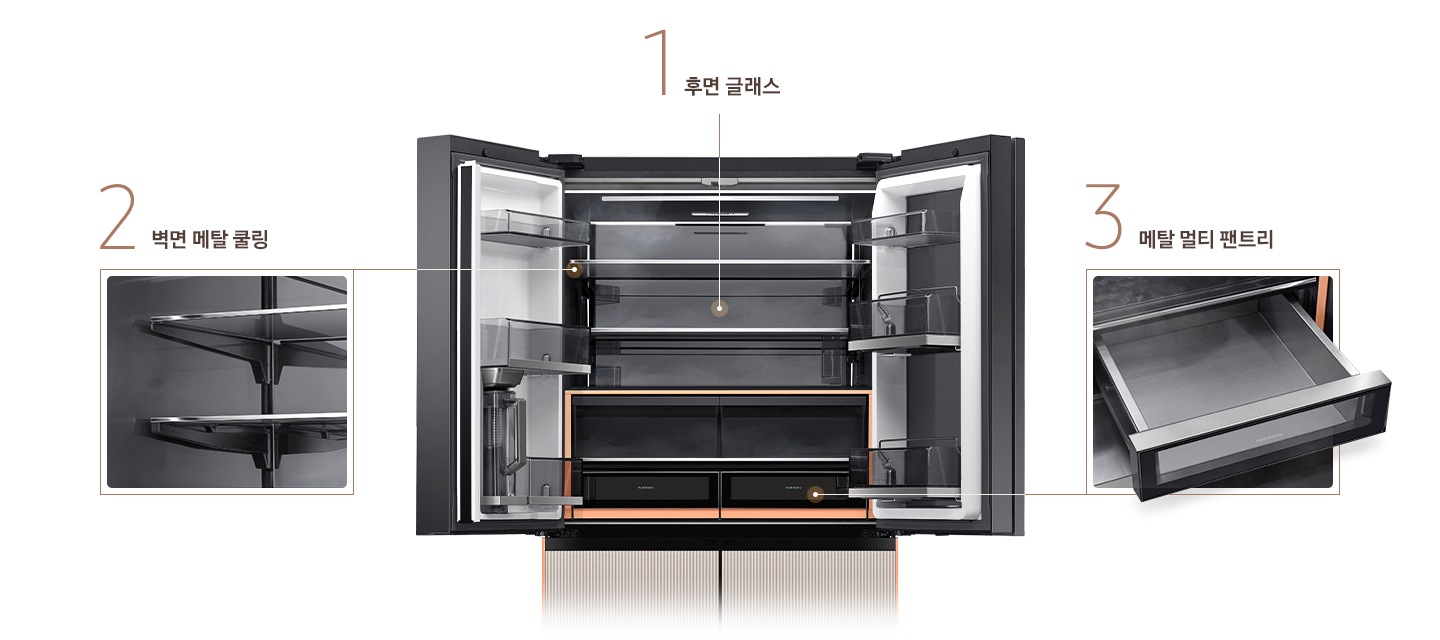 블랙 글래스, 메탈 소재가 적용된 냉장고 부분부분이 설명되어있습니다. 중앙에 상칸 양쪽 도어가 열린 냉장고가 있으며, 냉장고 안쪽 커버에는 후면 글래스가 적용되어있고, 냉장고 좌측에는 메탈 쿨링이 적용된 벽면이 확대되어있습니다. 냉장고 우측에는 바닥면에 메탈 소재가 적용된 멀티 팬트리 수납존이 열려있는 확대컷이 있습니다.