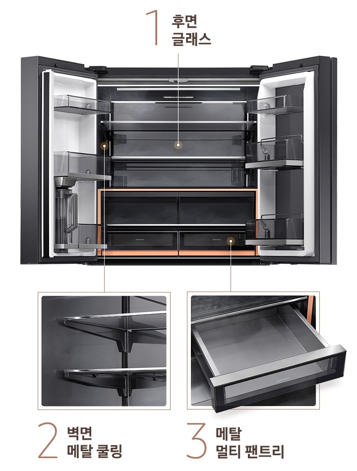 블랙 글래스, 메탈 소재가 적용된 냉장고 부분부분이 설명되어있습니다. 중앙에 상칸 양쪽 도어가 열린 냉장고가 있으며, 냉장고 안쪽 커버에는 후면 글래스가 적용되어있고, 냉장고 좌측에는 메탈 쿨링이 적용된 벽면이 확대되어있습니다. 냉장고 우측에는 바닥면에 메탈 소재가 적용된 멀티 팬트리 수납존이 열려있는 확대컷이 있습니다.