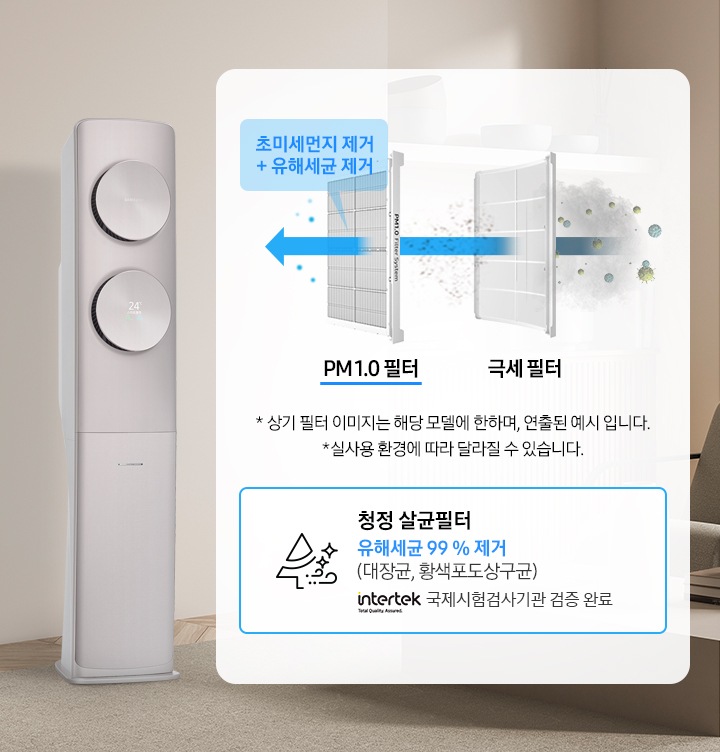 거실이 보여지는 공간에 좌측에 무풍 클래식 에어컨 제품이 설치되어 작동중인 모습이 보여지며 우측엔 PM 1.0 살균 필터와 극세 필터에 대한 설명이 보입니다. 살균순서가 극세필터를 지나 Pm1.0필터를 거쳐지면서 초미세먼지제거, 유해세균제거가 됩니다. 하단 청정 살균필터에 대한 아이콘과 인터텍 로고가 보입니다. 참고사항 1. 실사용 환경에 따라 달라질수 있습니다.  PM 1.0 살균 필터와 극세 필터에 대한 설명이 보입니다. 
