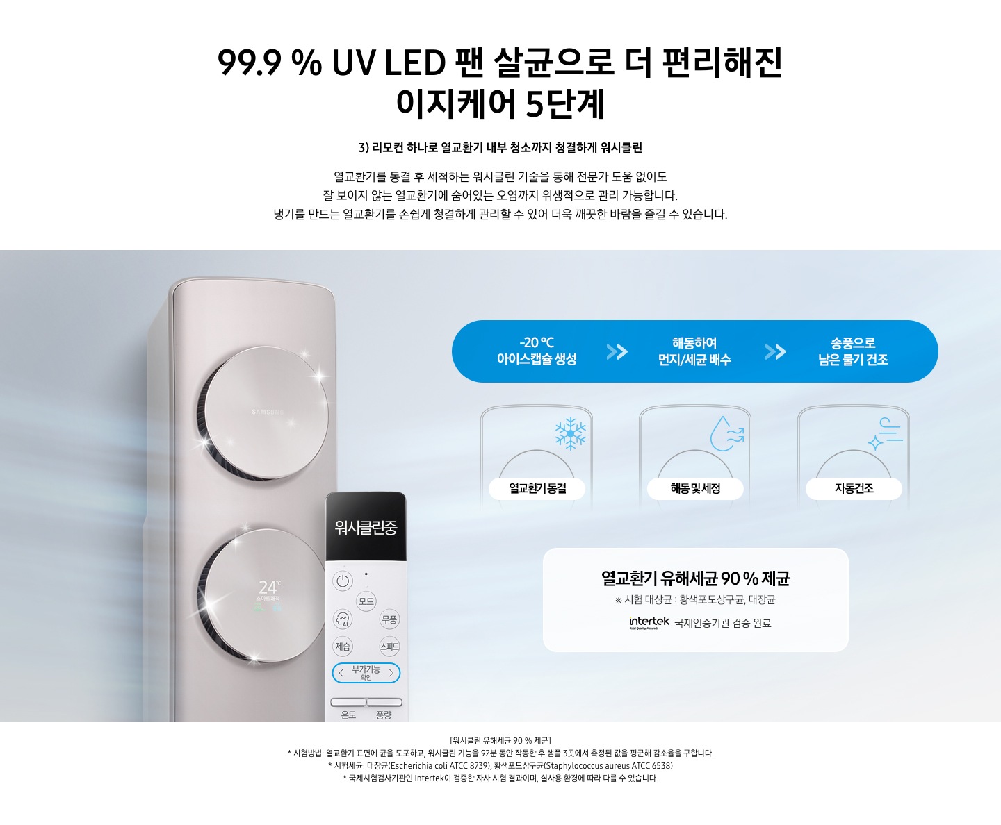 99.9% UV LED 팬살균으로 더 팬해진 이지케어 5단계  3) 리모컨 하나로 열교환기 내부 청소까지 청결하게 워시클린 문구가 보여지며, 열교환기를 동결 후 세척하는 워시클린 기술을 통해 전문가 도움 없이도 잘 보이지 않는 열교환기에 숨어있는 오염까지 우생적으로 관리 가능합니다. 냉기를 만드는 열교환기에 숨어있는 오염까지 위생적으로 관리 가능합니다. 냉기를 만드는 열교환기를 청결하게 관리 할 수 있어 더욱 깨끗한 바람을 즐길 수 있습니다. 설명이 보여지며 하단 이미지 좌측엔 워시클린 작동중인 에어컨과 리모컨이 보여지며 우측에 순서가 보여집니다.  1. -20℃ 아이스캡슐 생성, 해동하여 먼지/세균 배수, 송풍으로 남은 물기 건조 2. 열교환기동결, 해동 및 세정, 자동건조 순서가 보여지며 우측 하단에 열교환기 유해세균 90% 제균 시험대상균: 황색포도상구균, 대장균 인터텍 국제인증기관 검증 완료가 보여집니다. 참고사항 1. [워시클린 유해세균 90% 제균] 시험방법 : 열교환기 표면에 도포하고, 워시클린 기능을 92분 동안 작동한 후 샘플 3곳에서 측정된 값을 평균해 감소율을 구합니다. 2. 시험세균: 대장균 (Escherichia coli ATCC 8739), 황색포도상구균(Staphylococcus aureus ATCC 6538), 3.  국제시험검사기관인 INTERTEK이 검증한 자사 시험 결과이며, 실사용 환경에 따라 다를 수 있습니다. 