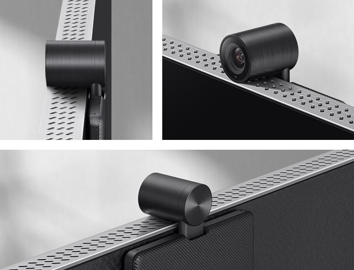 TV 상단 베젤에 슬림핏 카메라가 부착되어 있는 모습을 보여줍니다.