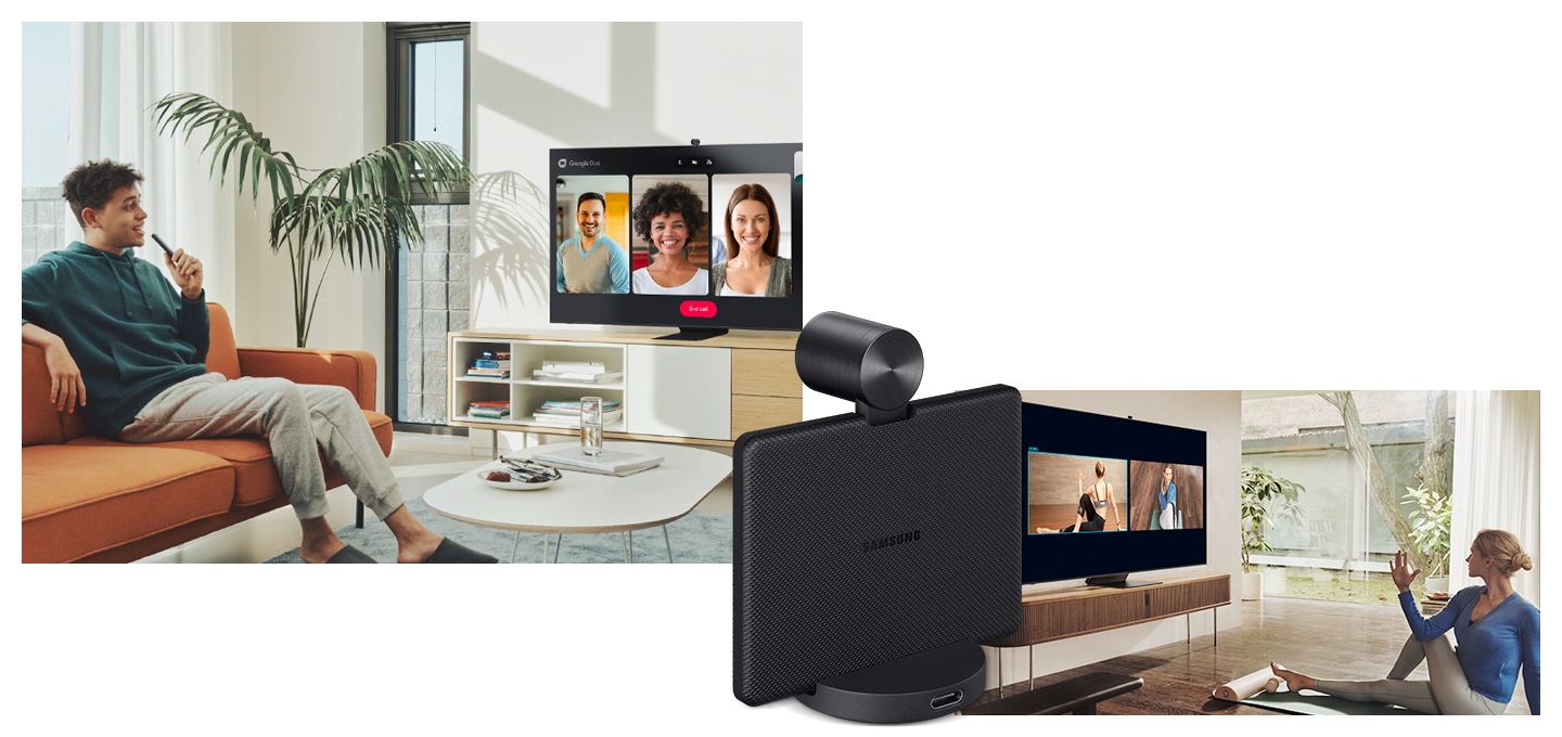 사용자들이 앉아 TV를 보고 있스빈다. 우측에는 슬림핏 카메라 뒤쪽 45도 컷이 보입니다.