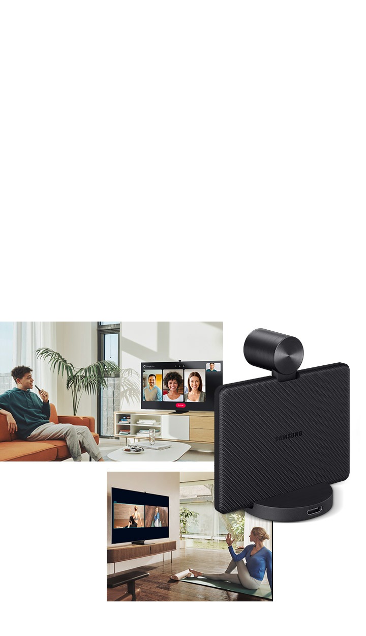 사용자들이 앉아 TV를 보고 있스빈다. 우측에는 슬림핏 카메라 뒤쪽 45도 컷이 보입니다.