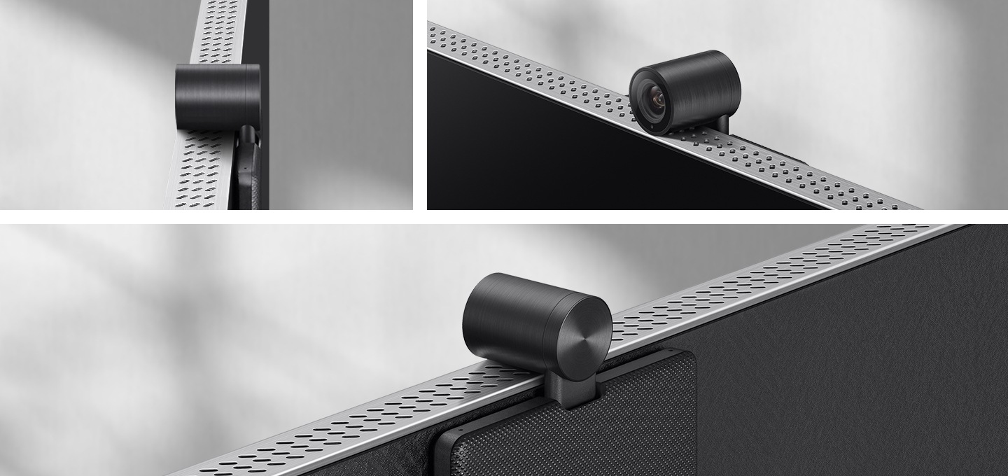 TV 상단 베젤에 슬림핏 카메라가 부착되어 있는 모습을 보여줍니다.