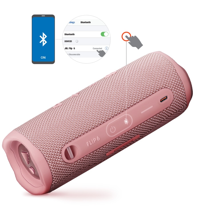 JBL FLIP 6 핑크 제품이 보이고 위쪽으로 블루투스와 스마트폰을 연결하는 일러스트가 보입니다.