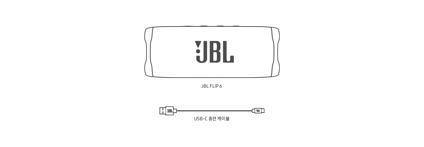 JBL FLIP 6 의 구성품을 일러스트화 하여 보여줍니다. 