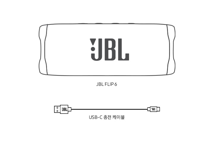 JBL FLIP 6 의 구성품을 일러스트화 하여 보여줍니다. 