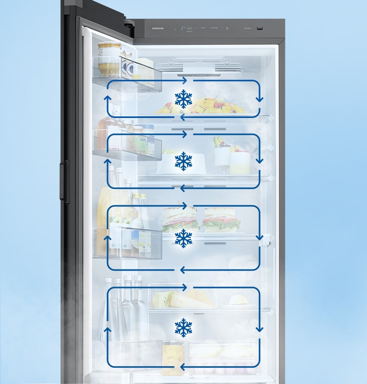 냉장고 문이 열려있으며, 안에 칸마다 음식이 놓여져 있습니다. 칸에 각각 멀티 냉각 시스템을 나타내는 인포그래픽이 보여집니다.