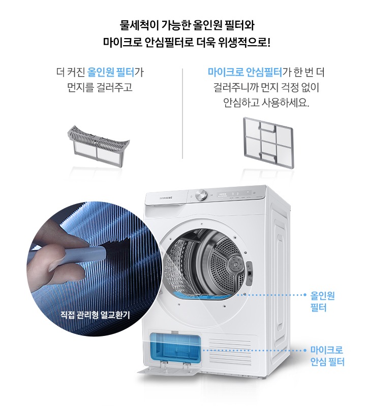 제품 내부 올인원 필터의 기능과 제품 하단 열교환기, 마이크로 안심필터에 대해 보여주고 있습니다.