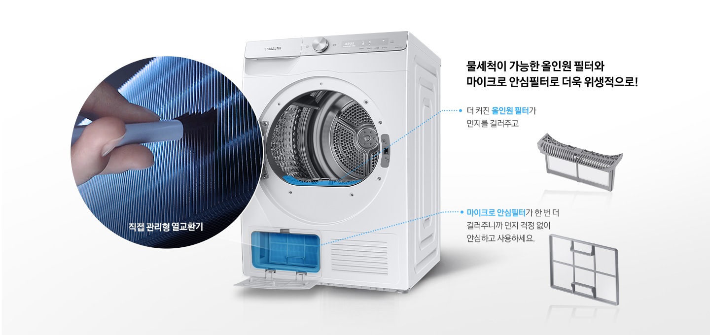 제품 내부 올인원 필터의 기능과 제품 하단 열교환기, 마이크로 안심필터에 대해 보여주고 있습니다.