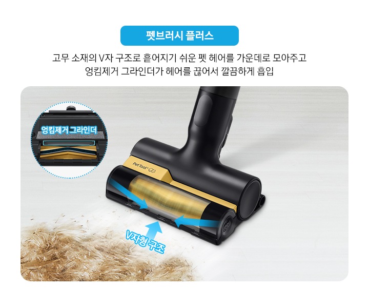 펫브러시 플러스. 고무 소재의 V자 구조로 흩어지기 쉬운 펫 헤어를 가운데로 모아주고 엉킴 제거 그라인더가 헤어를 끊어서 깔끔하게 흡입. 회색 바닥 위 펫 헤어를 V자형 구조인 펫 브러시 플러스로 빨아들이고 있습니다. 왼쪽 옆으로 펫 브러시 플러스 하단 부분을 확대하여 엉킴제거 그라인더의 위치를 보여주고 있습니다.