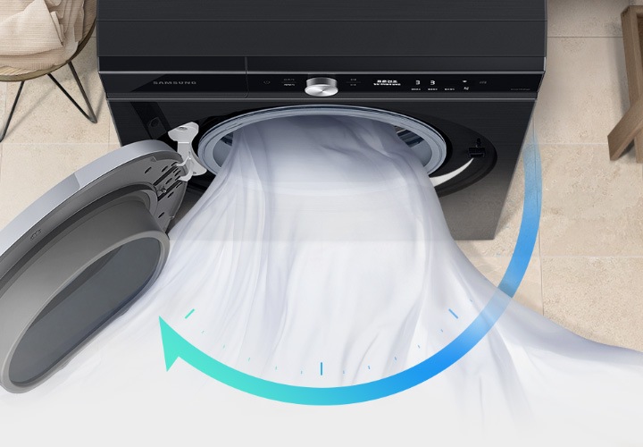 건조기 내부에서 흰색 천이 나오고 있습니다. 쾌속코스 기능을 활용하여 39분만에 건조 가능한 아이콘이 있습니다.