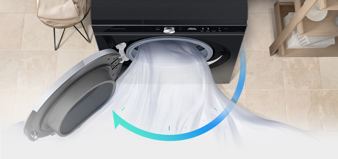 건조기 내부에서 흰색 천이 나오고 있습니다. 쾌속코스 기능을 활용하여 39분만에 건조 가능한 아이콘이 있습니다.