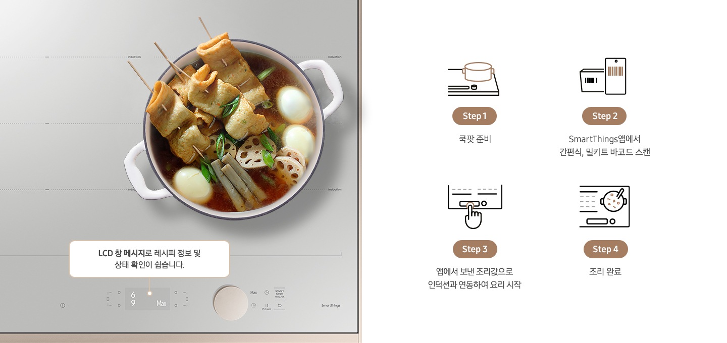 BESPOKE 인덕션 빌트인 Infinite Line 그레이지 색상의 조작부와 우측 화구영역까지의 제품이미지가 있고 그 위로 냄비에 어묵탕이 들어 있습니다. 아래 조작부에는 LCD 창 메시지로 레시피 정보 및 상태 확인이 쉽습니다. 라는 안내 문구가 있습니다.  우측에는 총 4단계의 조리과정을 설명하는 아이콘과 텍스트가 있습니다.  Step 1 인덕션 위 쿡팟이 올라간 아이콘 이미지와 쿡팟 준비 텍스트  Step 2 밀키트 바코드 부분과 스마트폰으로 찍은 바코드 아이콘 이미지와 SmartThings앱에서 간편식, 밀키트 바코드 스캔 텍스트  Step 3 인덕션 조작부를 손으로 클릭하는 아이콘 이미지와 앱에서 보낸 조리값으로 인덕션과 연동하여 요리 시작 텍스트  Step 4인덕션 위에 조리된 쿡팟이 있는 아이콘 이미지와 조리 완료 텍스트