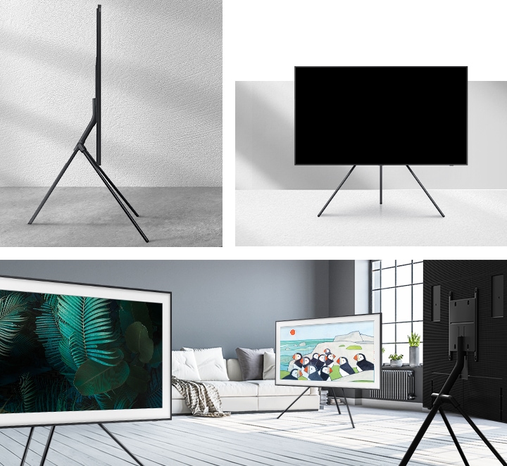 TV와 결합된 스튜디오 스탠드의 옆면, 정면이 보입니다. 하단에는 TV와 스튜디오가 결합된 거실 인테리어가 보입니다.