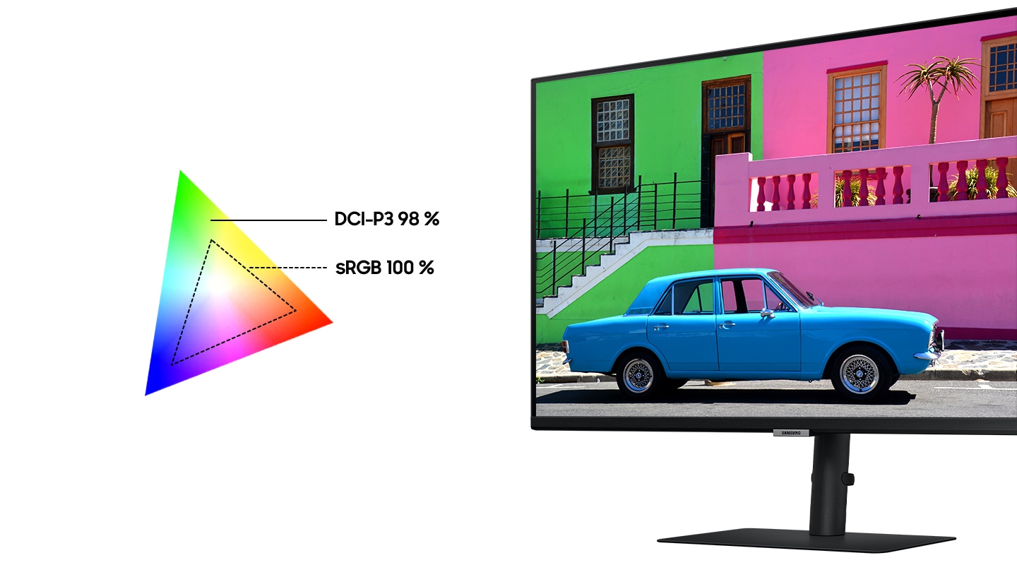 DCI-P3 98 % , sRGB 100 %의 색상 범위를 표현하는 이미지입니다.