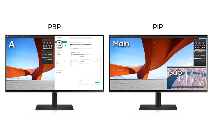 PBP 기능으로 두 대의 PC 화면을 하나의 모니터에서 볼 수 있음을 나타내고, PIP 서브 스크린 디스플레이를 나타내는 이미지입니다.