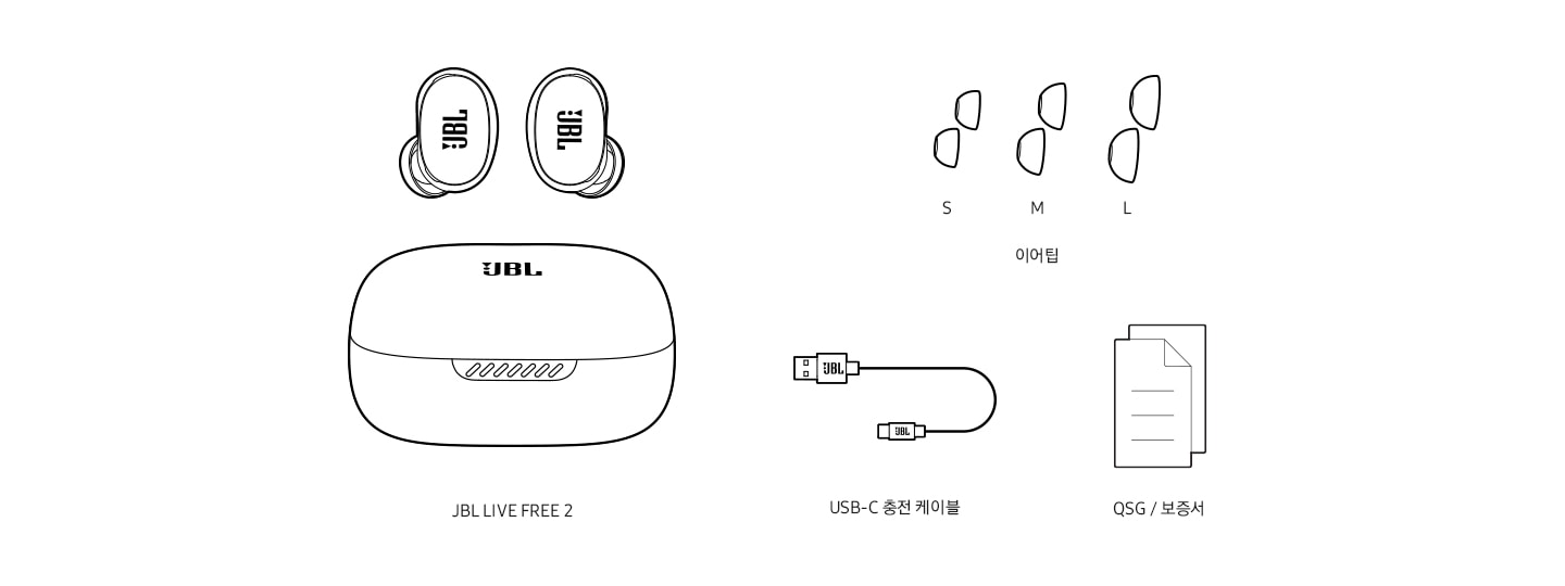 jbl live pro 2 의구성품을 일러스트화하여 보여주는 이미지입니다.