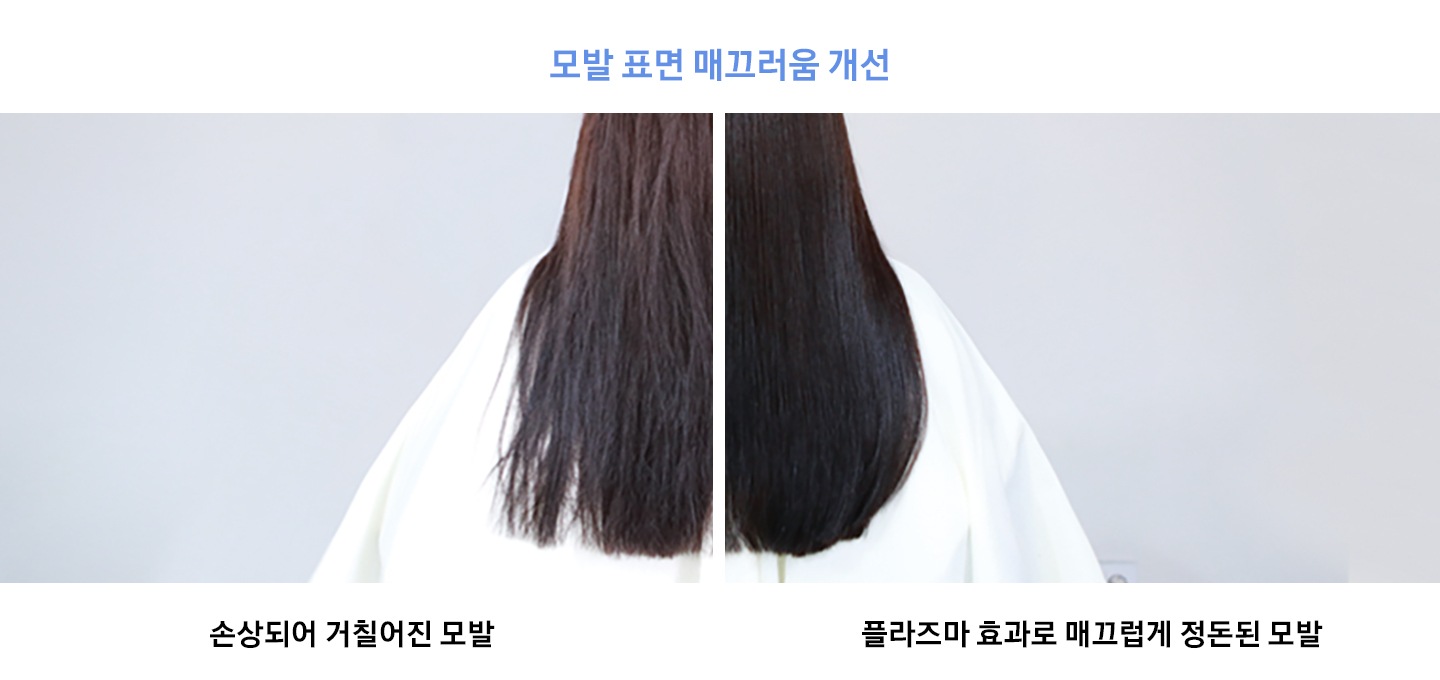 모발 표면 매끄러움 개선. 손상되어 거칠어진 모발, 플라즈마 효과로 매끄럽게 정돈된 모발. 여성의 거칠어진 모발과 매끄럽게 정돈된 모발을 비교하여 보여집니다.