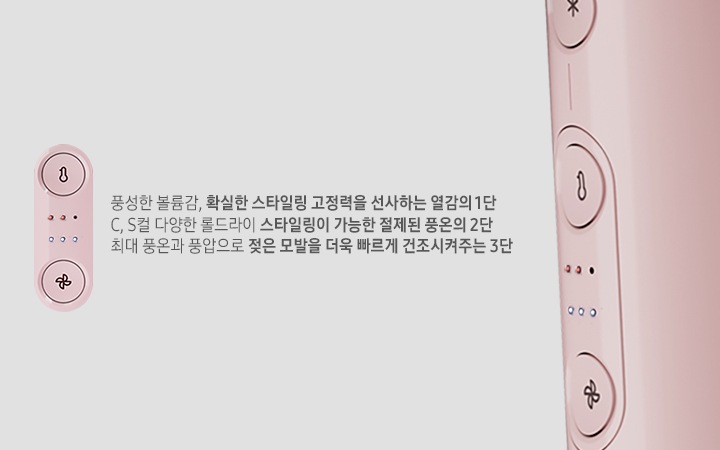 유닉스 에어샷T 풍량, 온도 조절 조작부가 보여집니다. 풍성한 볼륨감, 확실한 스타일링 고정력을 선사하는 열감의 1단 C, S컬 다양한 롤드라이 스타일링이 가능한 절제된 풍온의 2단 최대 풍온과 풍압으로 젖은 모발을 더욱 빠르게 건조시켜주는 3단