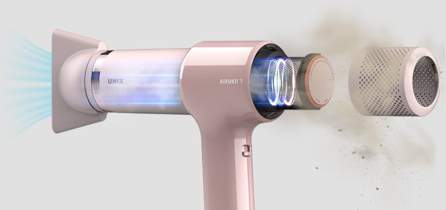 유닉스 에어샷T 드라이어의 분리된 모습과 바람이 타고 들어와 먼지가 배출된 모습이 보여집니다.