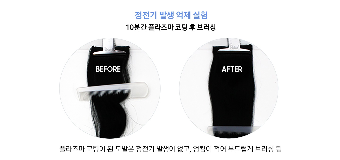 정전기 발생 억제 실험. 10분간 플라즈마 코팅 후 브러싱. 플라즈마 코팅이 된 모발은 정전기 발생이 없고, 엉킴이 적어 부드럽게 브러싱 됨. BEFORE/AFTER 모발 이미지 입니다.