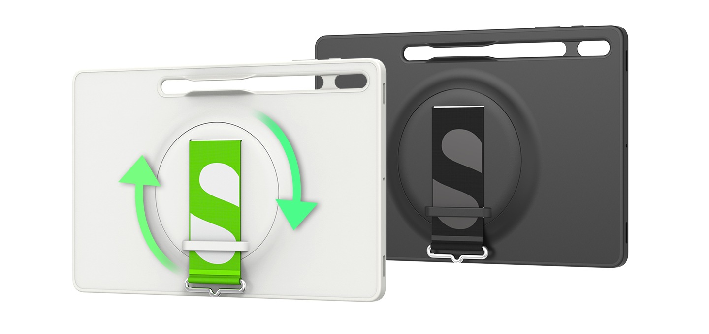 갤럭시 S8 Ultra 스트랩 커버 화이트, 블랙 제품이 겹쳐서 나열되어 있고, 스트랩이 회전이 가능하다는 걸 알려주는 이미지 입니다.