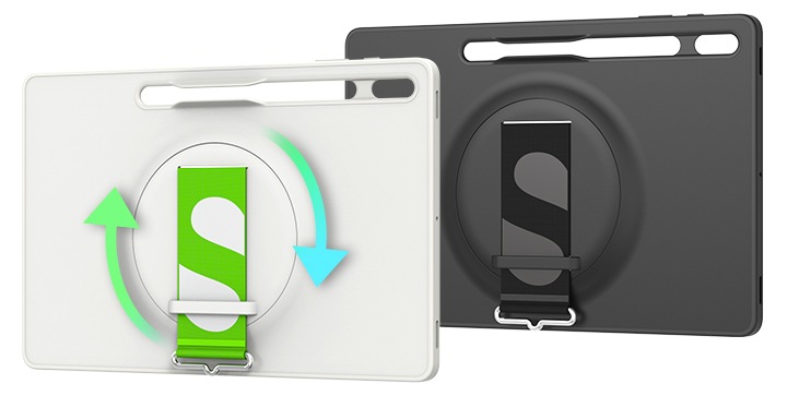 갤럭시 S8 Ultra 스트랩 커버 화이트, 블랙 제품이 겹쳐서 나열되어 있고, 스트랩이 회전이 가능하다는 걸 알려주는 이미지 입니다.