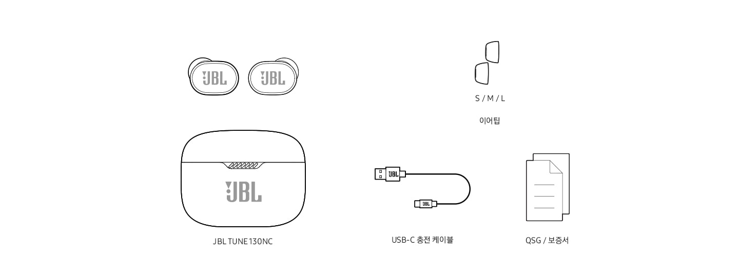 JBL TUNE 130NC 구성품 이어폰, 이어버드, 이어팁, QSG, 충전케이블을 일러스트화 하여 보여줍니다.