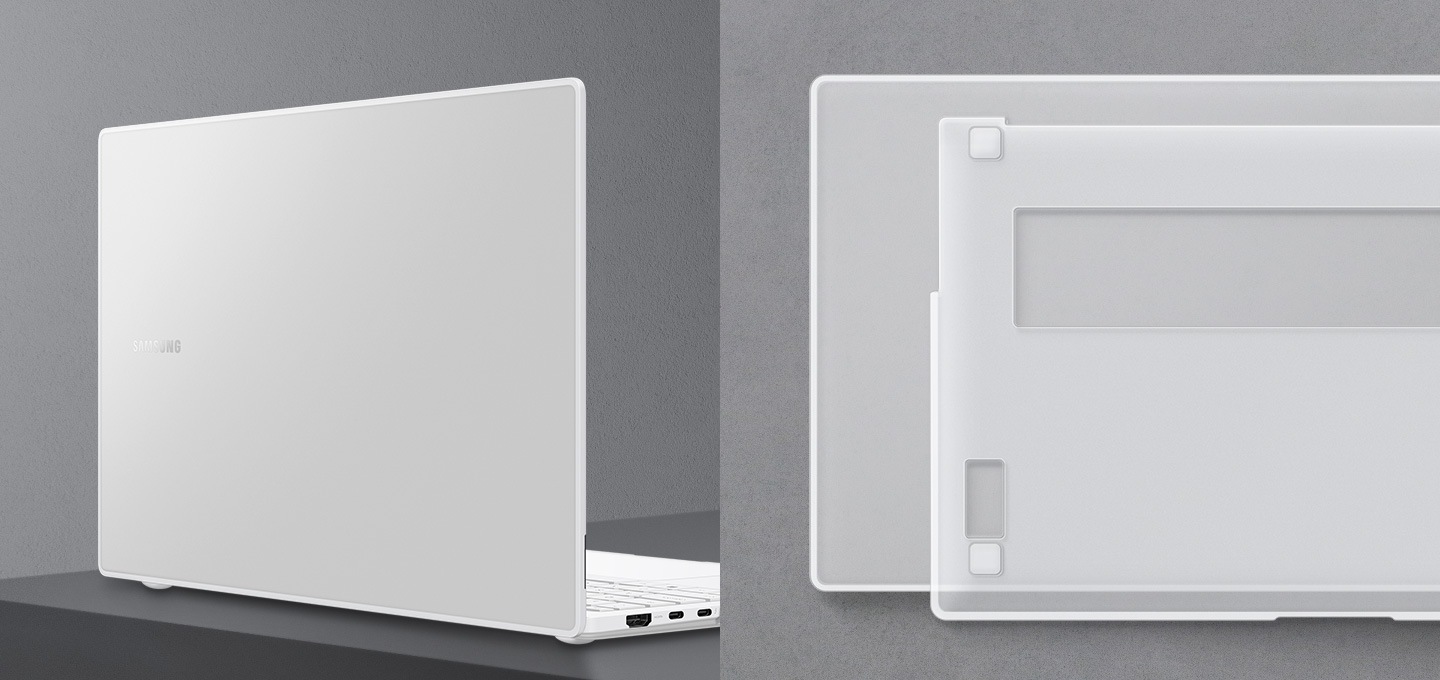 갤럭시 북2 Pro 클리어 커스텀 커버가 씌워진 모습이 보이며, 하단의 고무 받침이 보입니다.