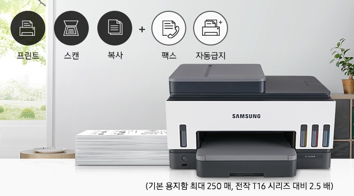 잉크젯 플러스S 23/20 ppm 제품 정면 이미지가 책상 위에 배치되어 있고 왼쪽에 프린트, 스캔, 복사, 자동급지라는 자막과 함께 해당 자막과 관련있는 아이콘이 그려져 있습니다.