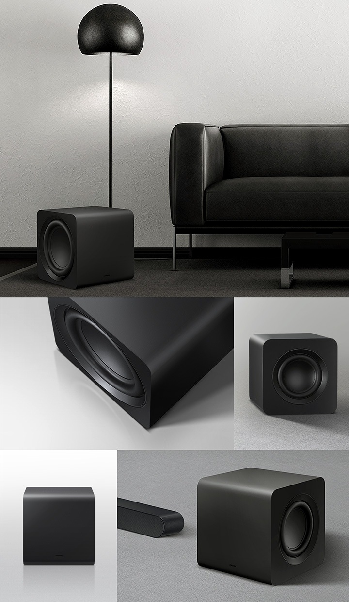 거실 소파 옆으로 서브우퍼가 놓여있습니다. 서버우퍼 윗면, 측면, 정면, 사운드바와 서브우퍼 좌측 45도컷 상세가 보입니다.