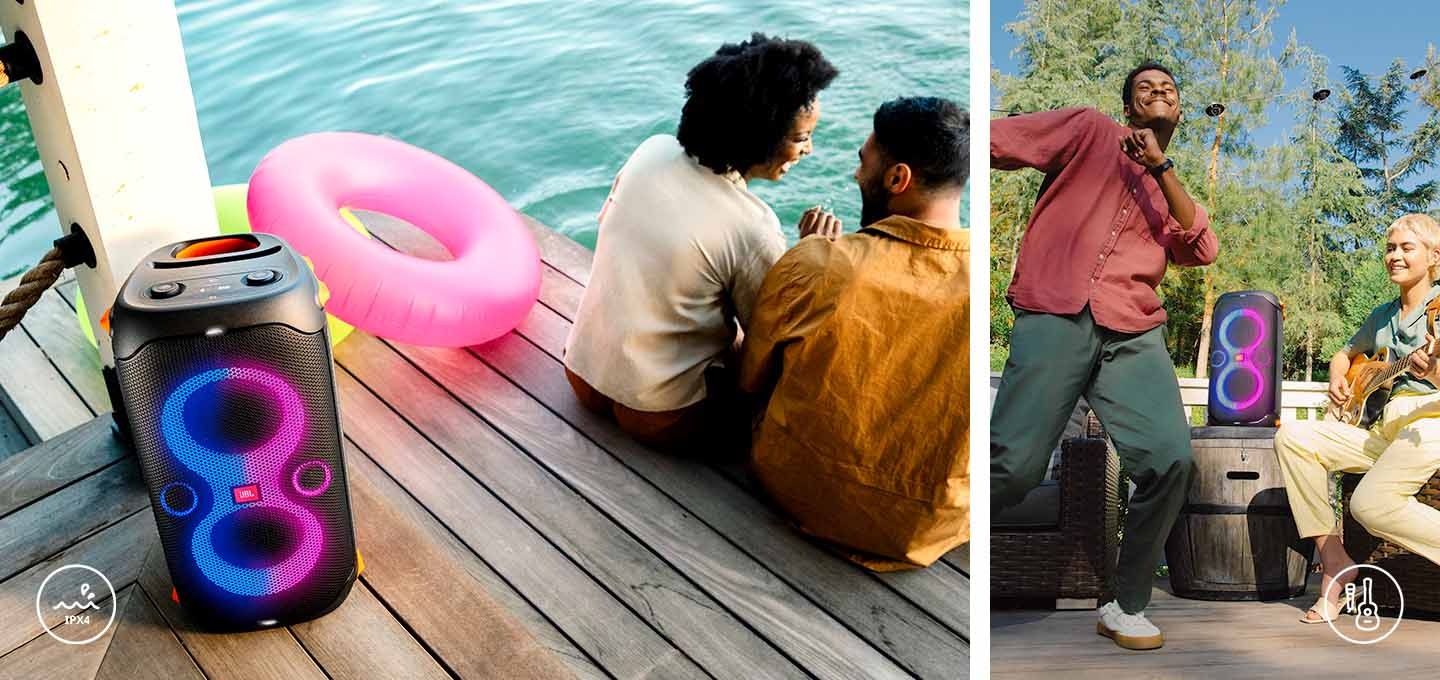 여성, 남성사용자가 물가에 앉아있고, 뒤쪽으로 JBL PARTYBOX 110 제품이 보입니다. 우측 이미지에는 여성 사용자가 기타를 치고 있고, JBL PARTYBOX 110 제품이 나무위에 올려져있습니다. 