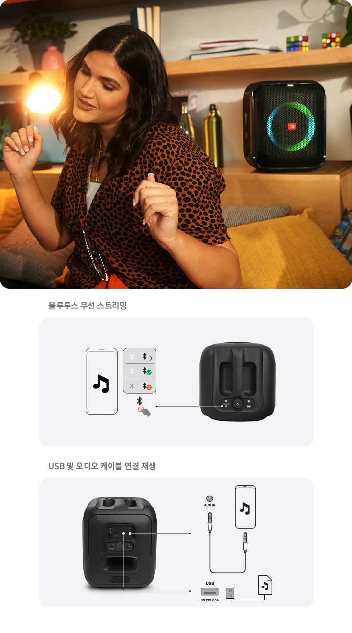 선반위에 파티박스 앙코르 에센셜 제품이 올려져있고 사용자가 춤을 추고 있습니다. 우측으로는 블루투스 무선 스트리밍, USB 및 오디오 케이블 연결 재생 모습이 일러스트화 되어 보여집니다.