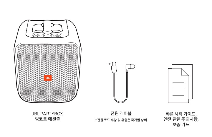 JBL 파티박스 앙코르 에센셜, 전원케이블, 빠른 시작 가이드, 안전관련 주의사항, 보증 카드 등 구성품 들이 일러스트화 되어 보여집니다.