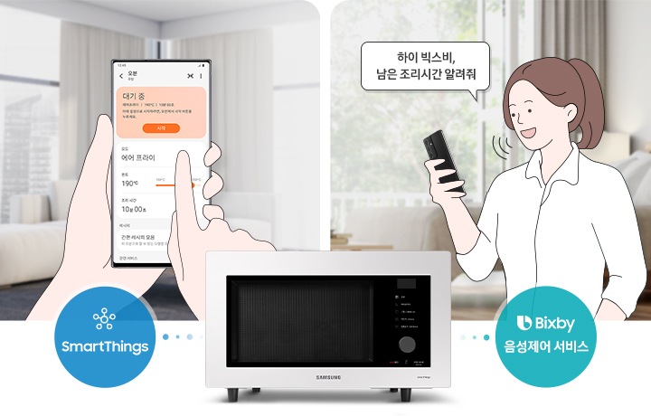 이미지 중앙 하단에는 BESPOKE 오븐 32L가 있고, 그 위로 좌측에는 파란색 원안에 SmartThings 로고가 우측에는 초록색 원안에 Bixby 음성제어 서비스 로고가 있습니다. 이미지 좌측에는 스마트폰을 들고 있는 손이 있으며, 화면안에는 오븐 제품 컨트롤 화면으로 대기 중인 상태와 에어 프라이 모드 온도 190℃ 조리시간 10분으로 설정된 것을 알 수 있는 화면이 있습니다. 이미지 우측에는 스마트폰을 들고 있는 사람의 일러스트가 있고 일러스트 옆으로 하이 빅스비, 남은 조리시간 알려줘 라고 써진 말풍선이 있습니다.