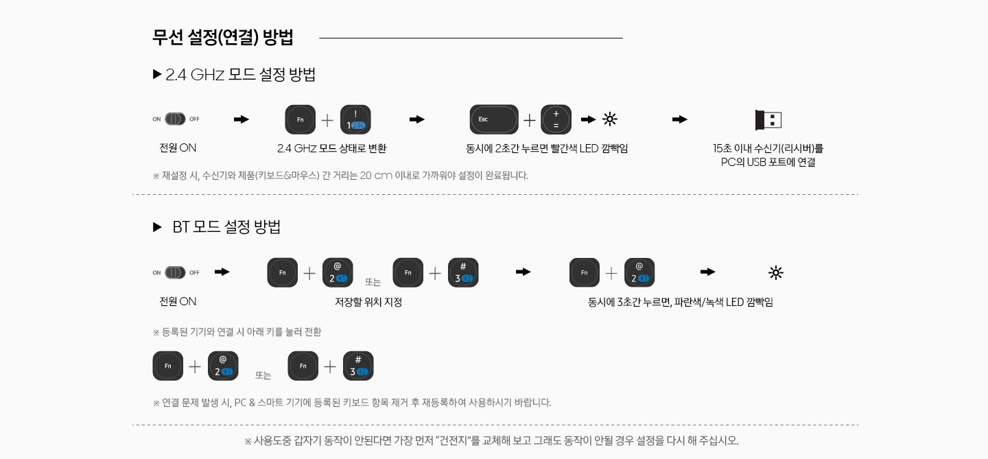 키보드와 PC의 무선설정 연결방법에 대한 설명을 보여주고 있습니다.