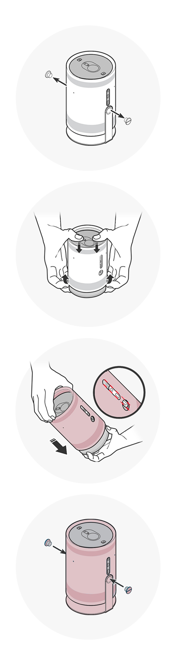 더 프리스타일 본체에 크래들을 교체하는 방법을 일러스트화 하여 보여줍니다.